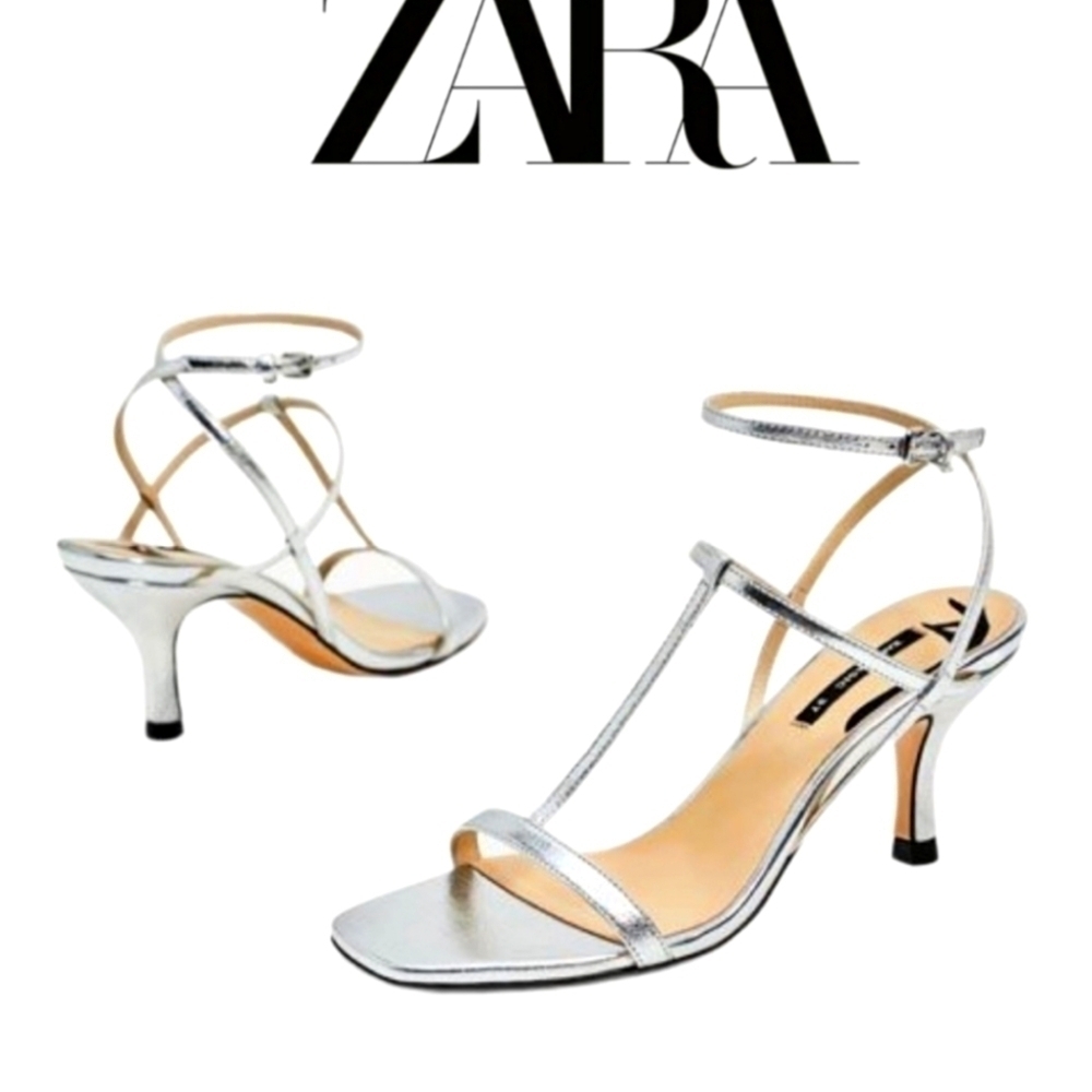 Zara Basic Size 10 Silver Heeled Sandals Excellent Condition
